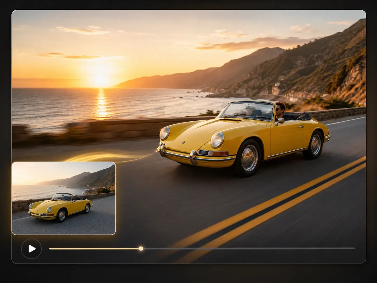 Image to video result showing a still car photo transformed into a tracking-shot video