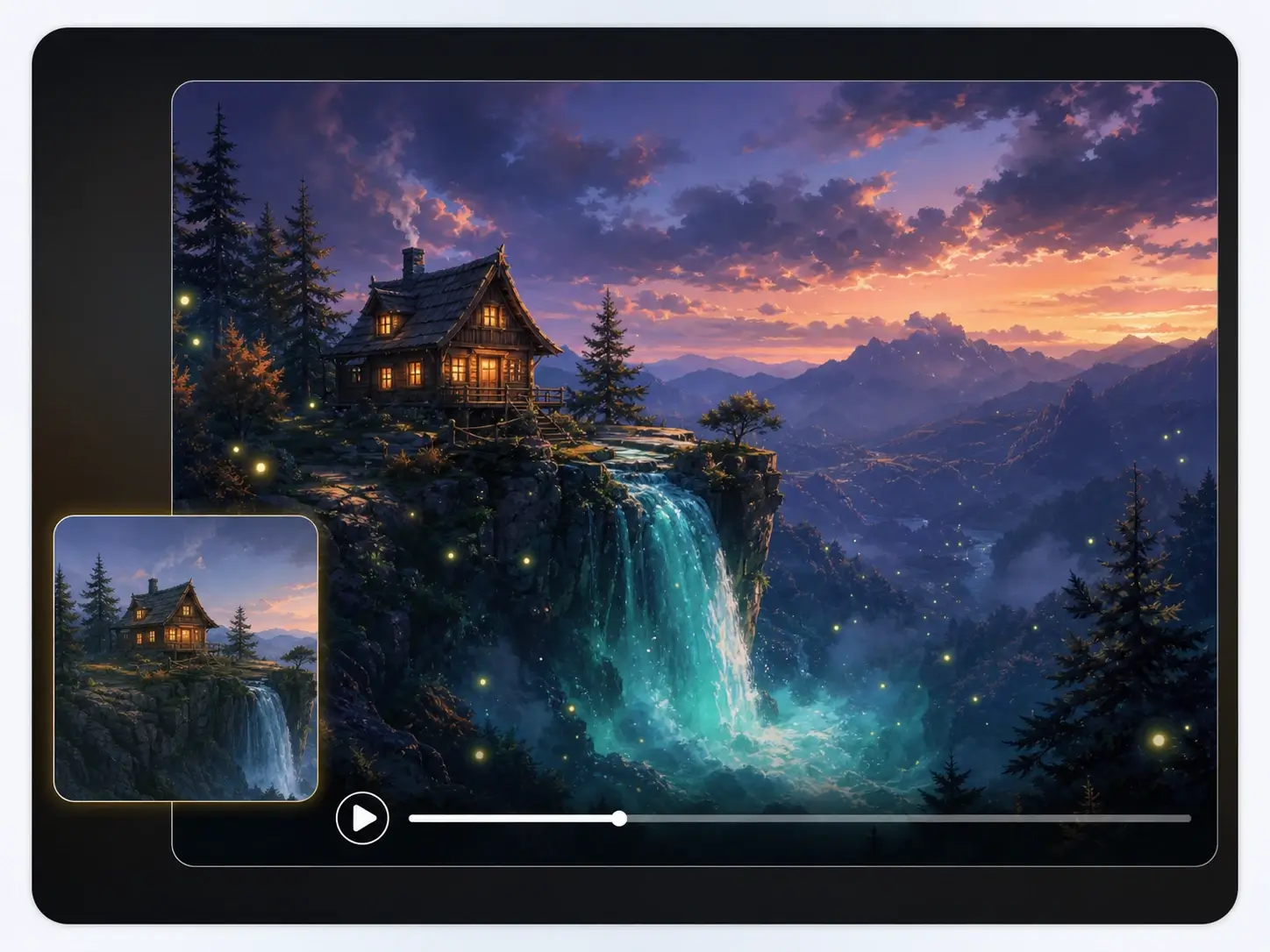 Still fantasy concept art transformed into an animated scene with flowing water and drifting lights