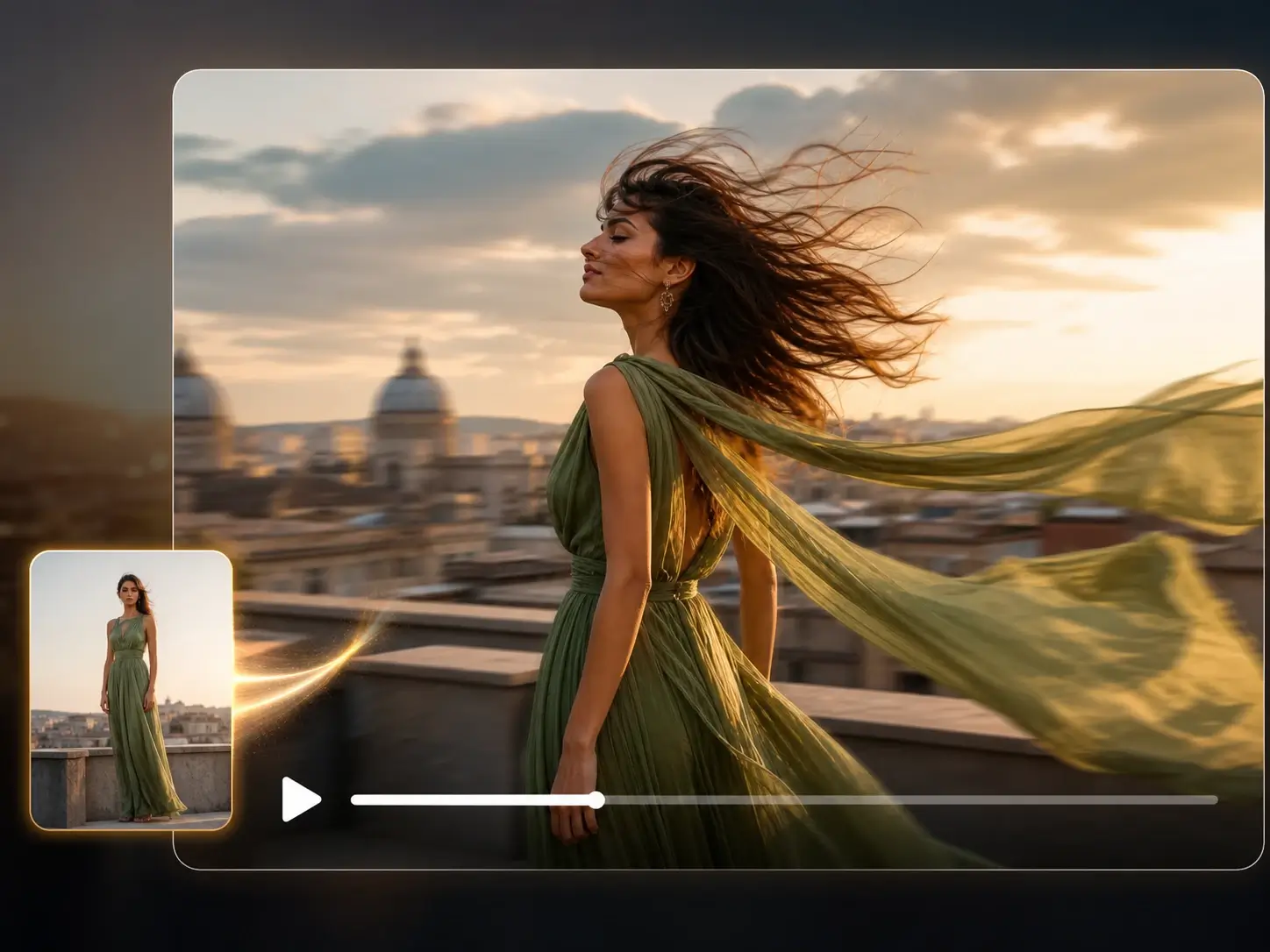 Image to video result showing a still portrait transformed into a moving rooftop video