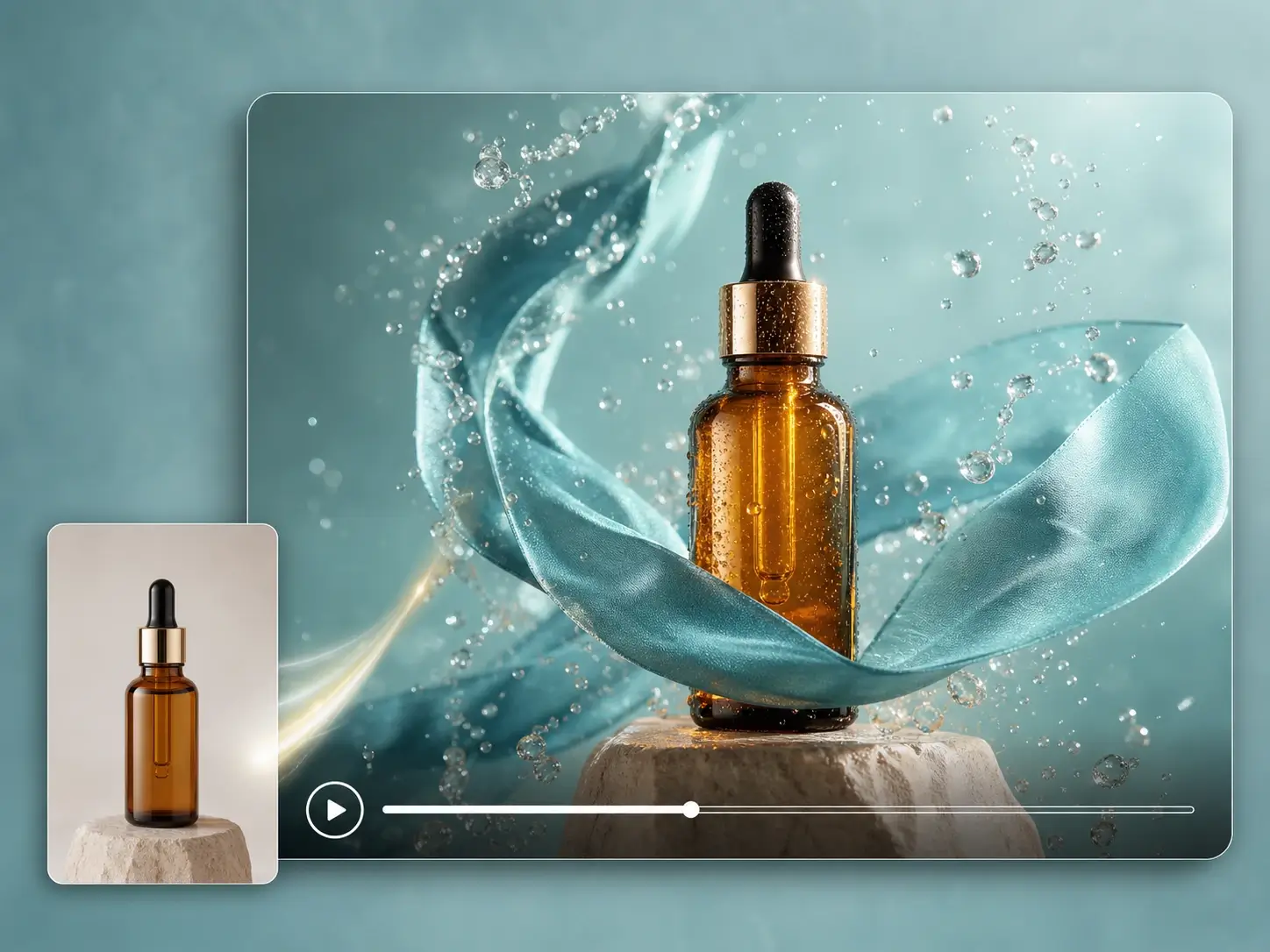 Image to video result showing a still serum photo transformed into a moving product video
