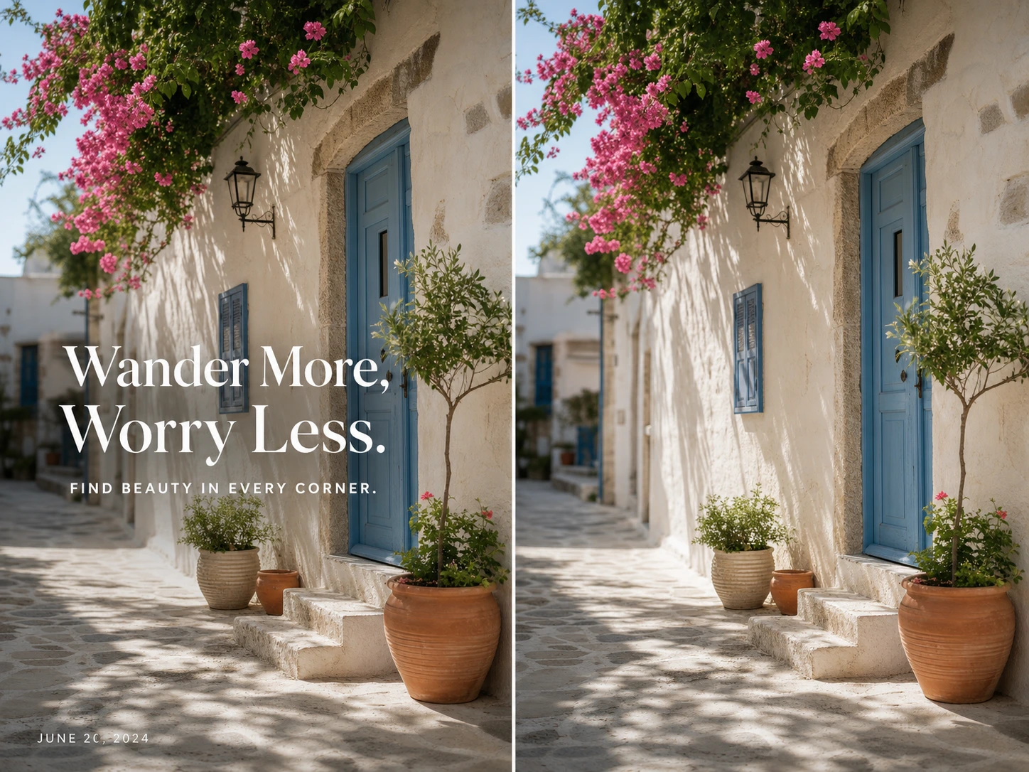Before and after comparison showing promotional text removed from a travel photo