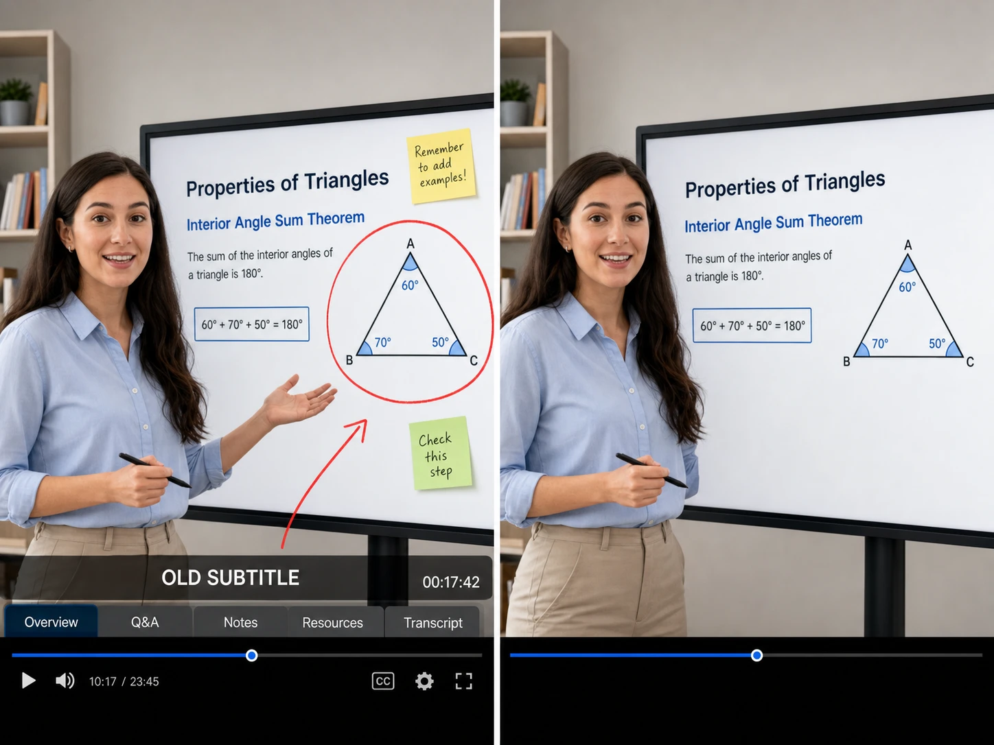 Before and after removing subtitles from a training video