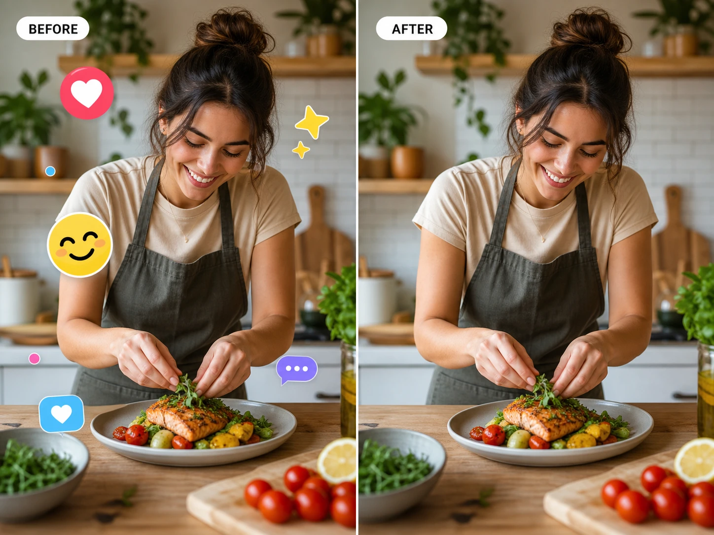 Before and after removing stickers from a creator video