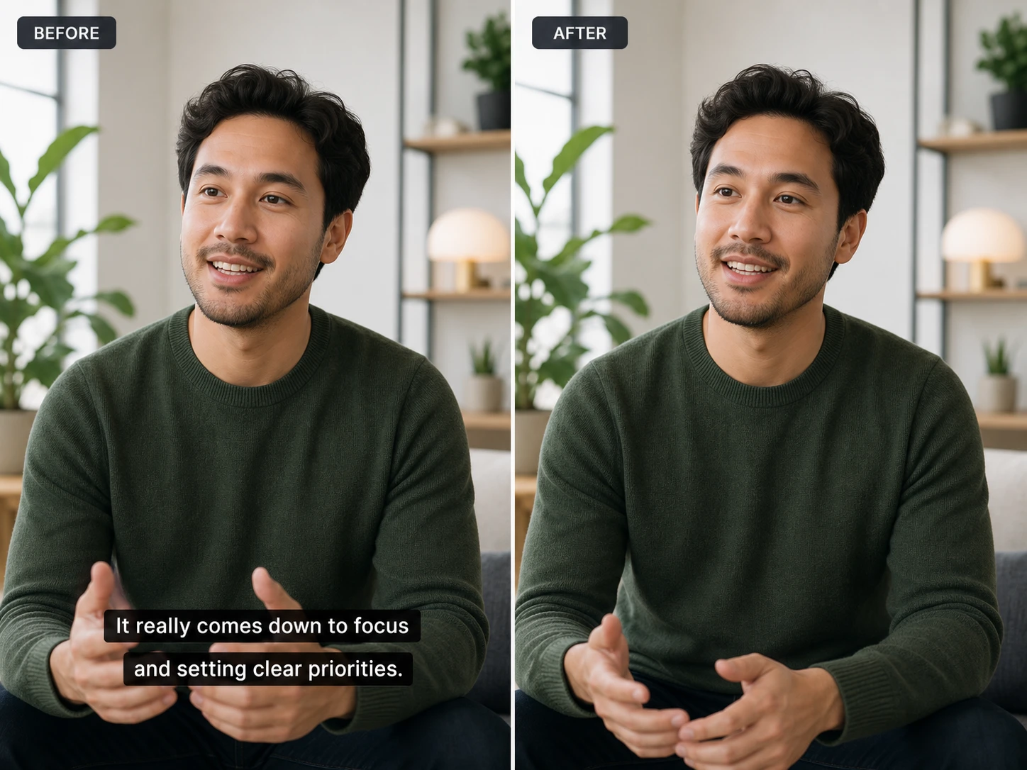 Before and after removing subtitles and annotations from a video